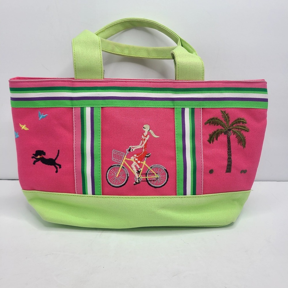 Tianni Beachy Handbag Pink Green Tote Bag Palm Trees Dog Girl On‎ Bike Zip Top
